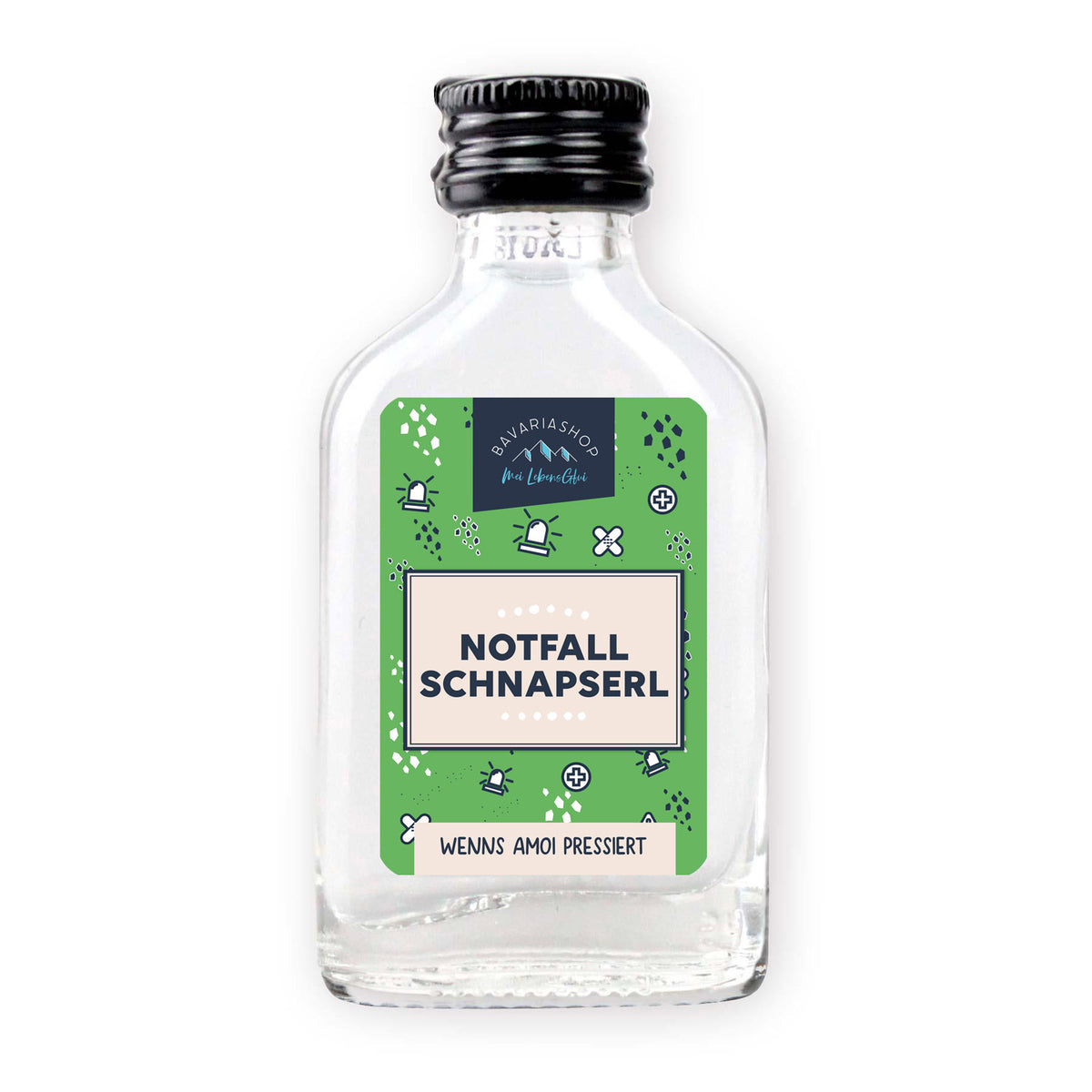 Kleine Flasche Notfall Schnapserl mit grünem Etikett und humorvollem Spruch "Wenns amoi pressiert".