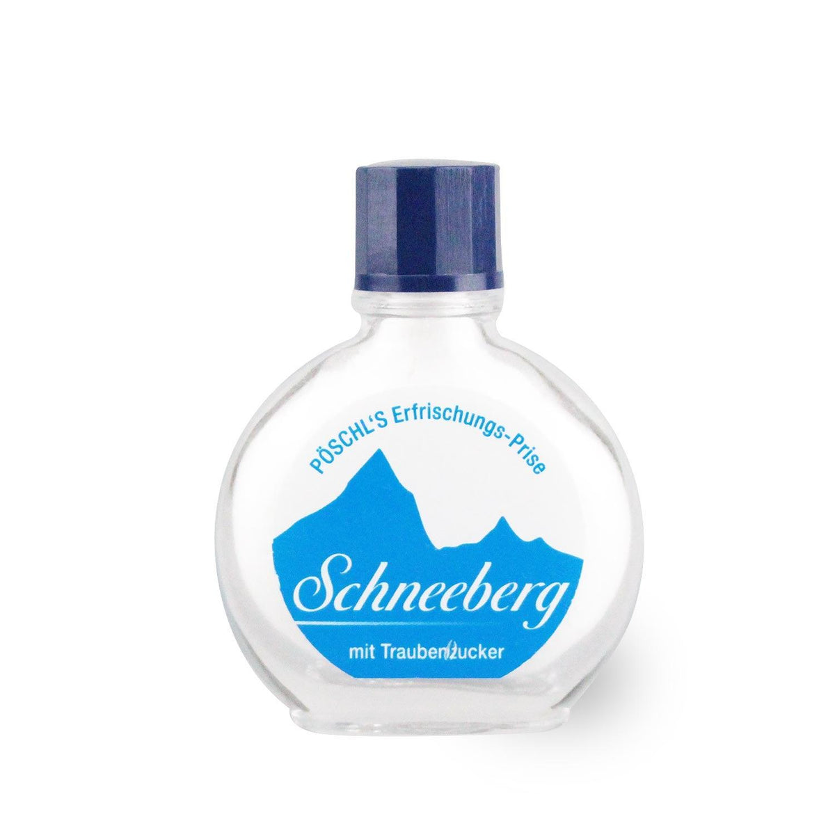 Rundes helles Pöschl's Schneeberg Schnupftabak Erfrischungs-Prise Fläschchen mit blauem Deckel und Logo.