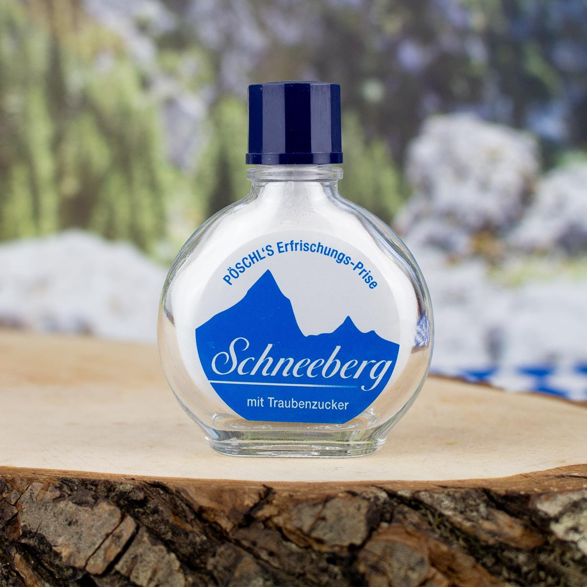 Pöschl's Schneeberg Schnupftabak Erfrischungs-Prise mit Traubenzucker auf Baumscheibe, blauer Verschluss