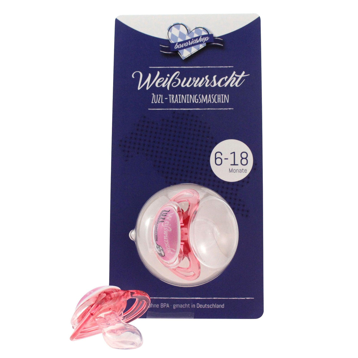 Schnuller Dizzl "Weißwurscht Zuzltrainingsmaschin Madl" in Pink, verpackt für 6-18 Monate.