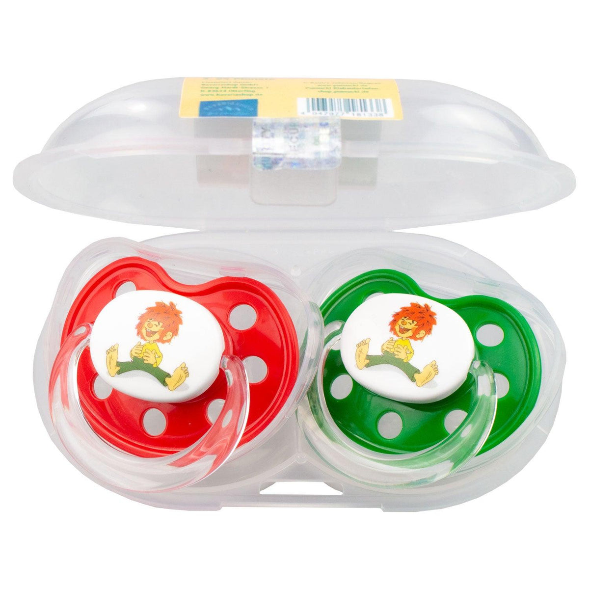 Roter und grüner Pumuckl Schnuller Dizzl mit lustigem Motiv in transparenter Aufbewahrungsbox.