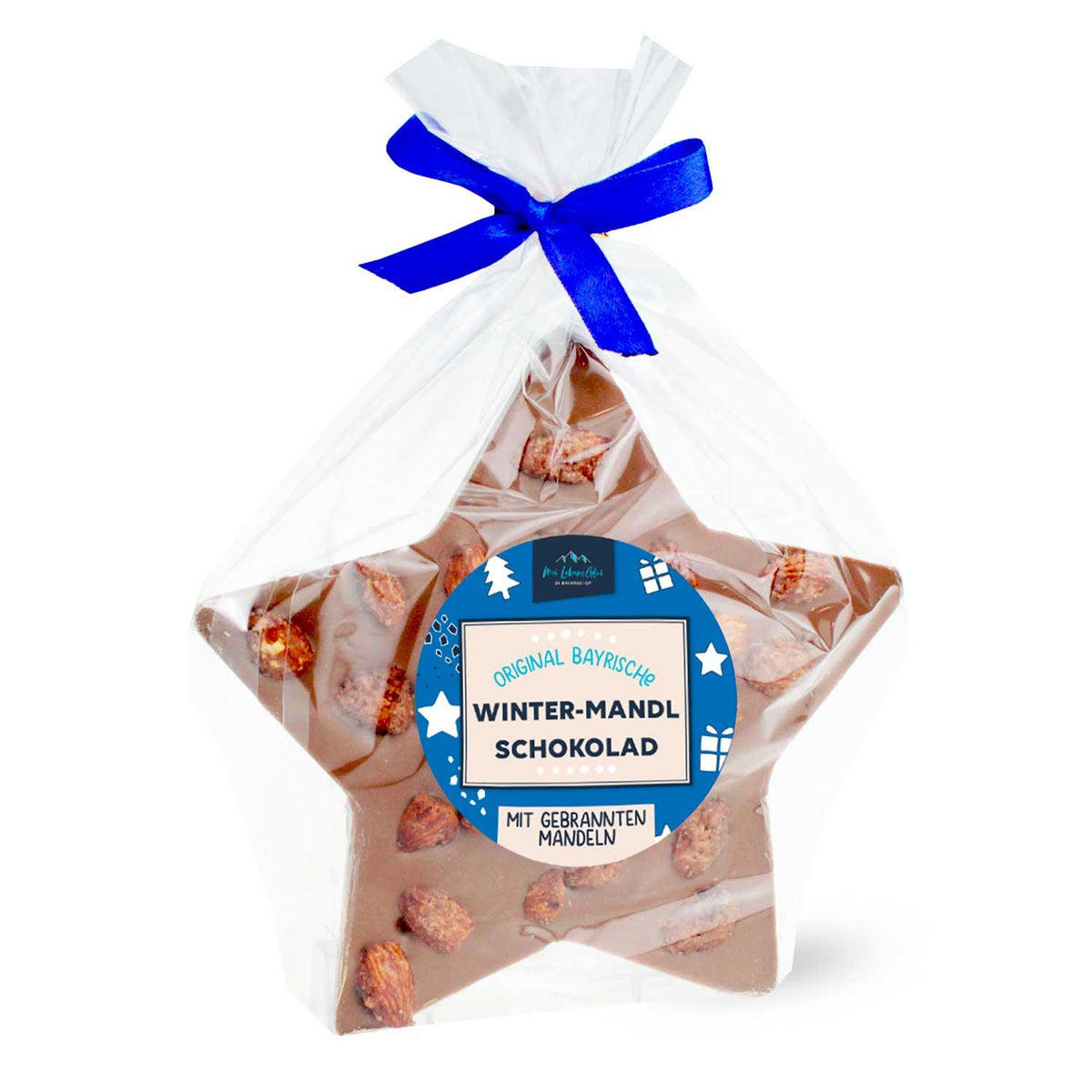 Weihnachtsbox Weihnachtsfeier gmiatlich mit Stern-Schokolade, gebrannten Mandeln und blauem Geschenkband.