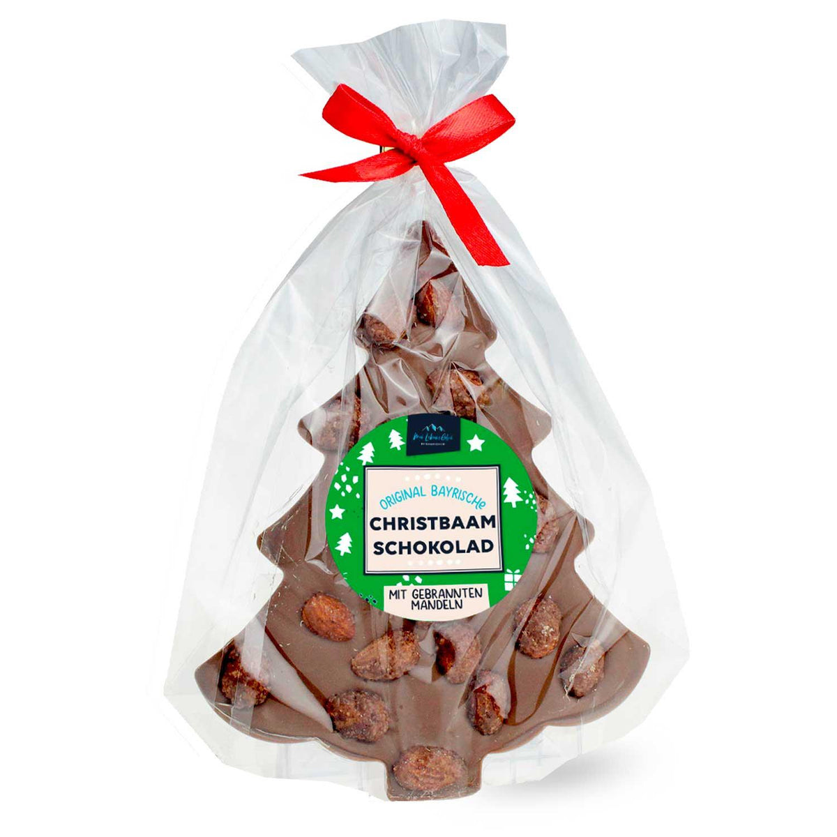 Schokolade mit gebrannten Mandeln Tannenbaum in Klarsichtfolie mit roter Schleife, bereit zum Verschenken.