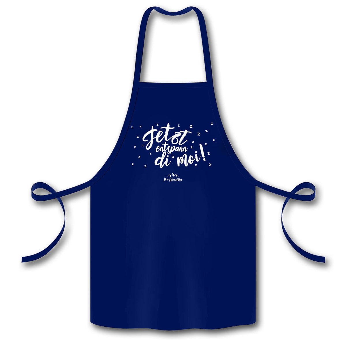Dunkelblaue Schürze Jetzt entspann di moi mit weißem Schriftzug, ideal für Küche und Grillen in modernem Design.