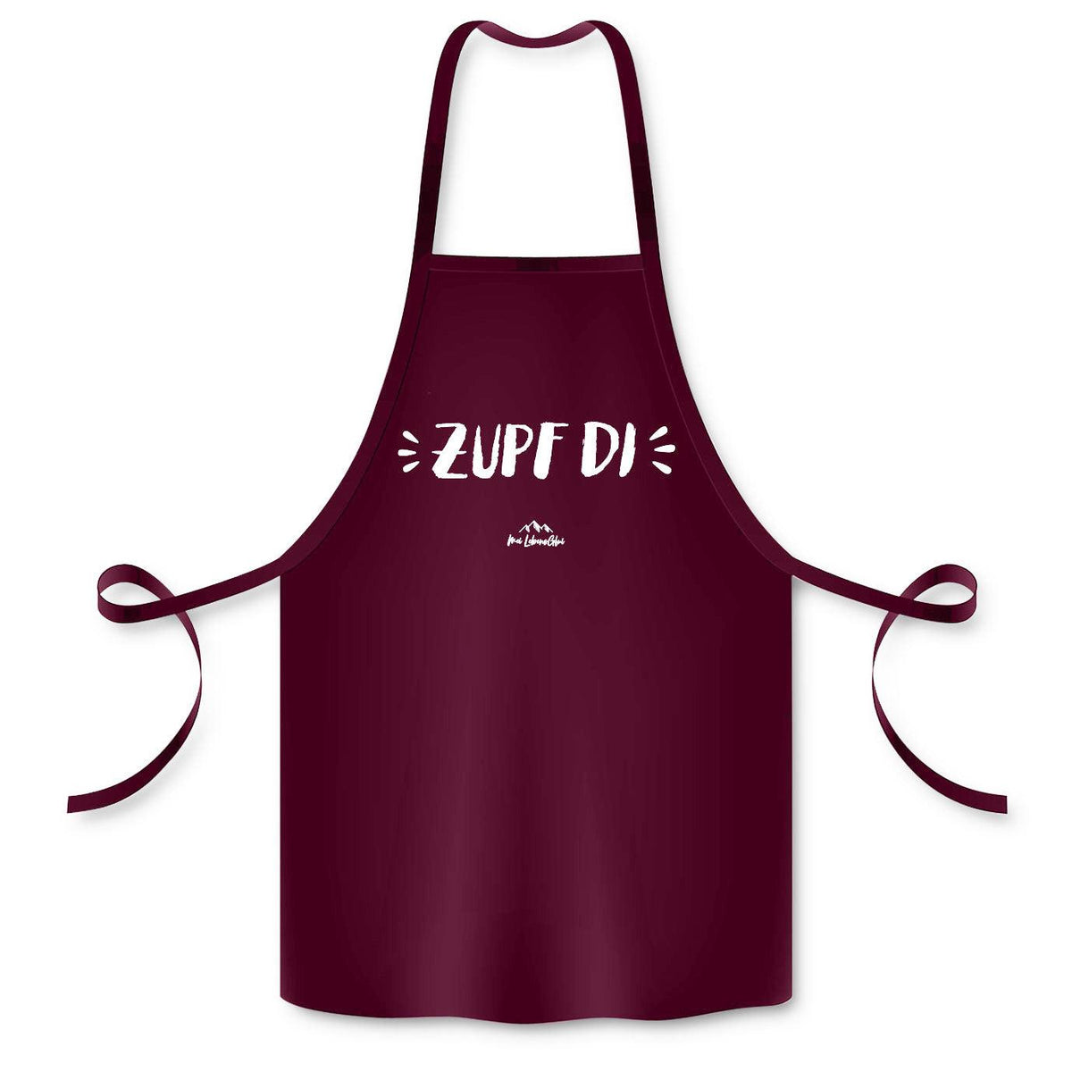 Burgunderrote Schürze "Zupf di" mit weißem Schriftzug, ideal für Küche und Grillen, strapazierfähiges Material.