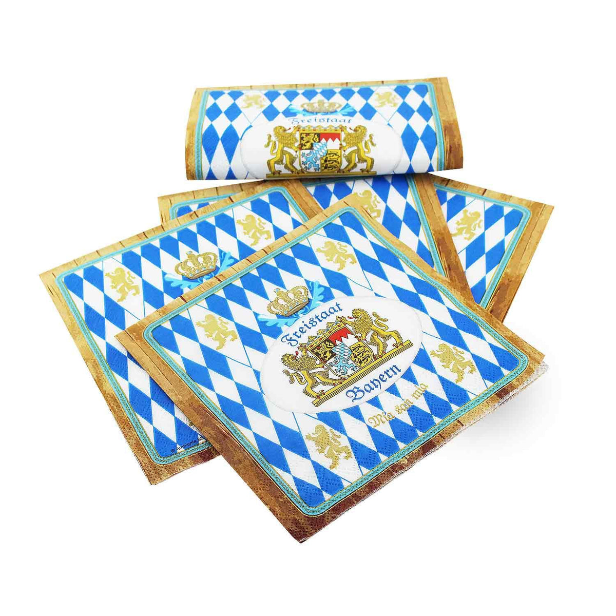 Weiße Papierserviette mit blauem Rautenmuster und bayerischem Wappen, Motiv „Freistaat Bayern“, 20 Stück.