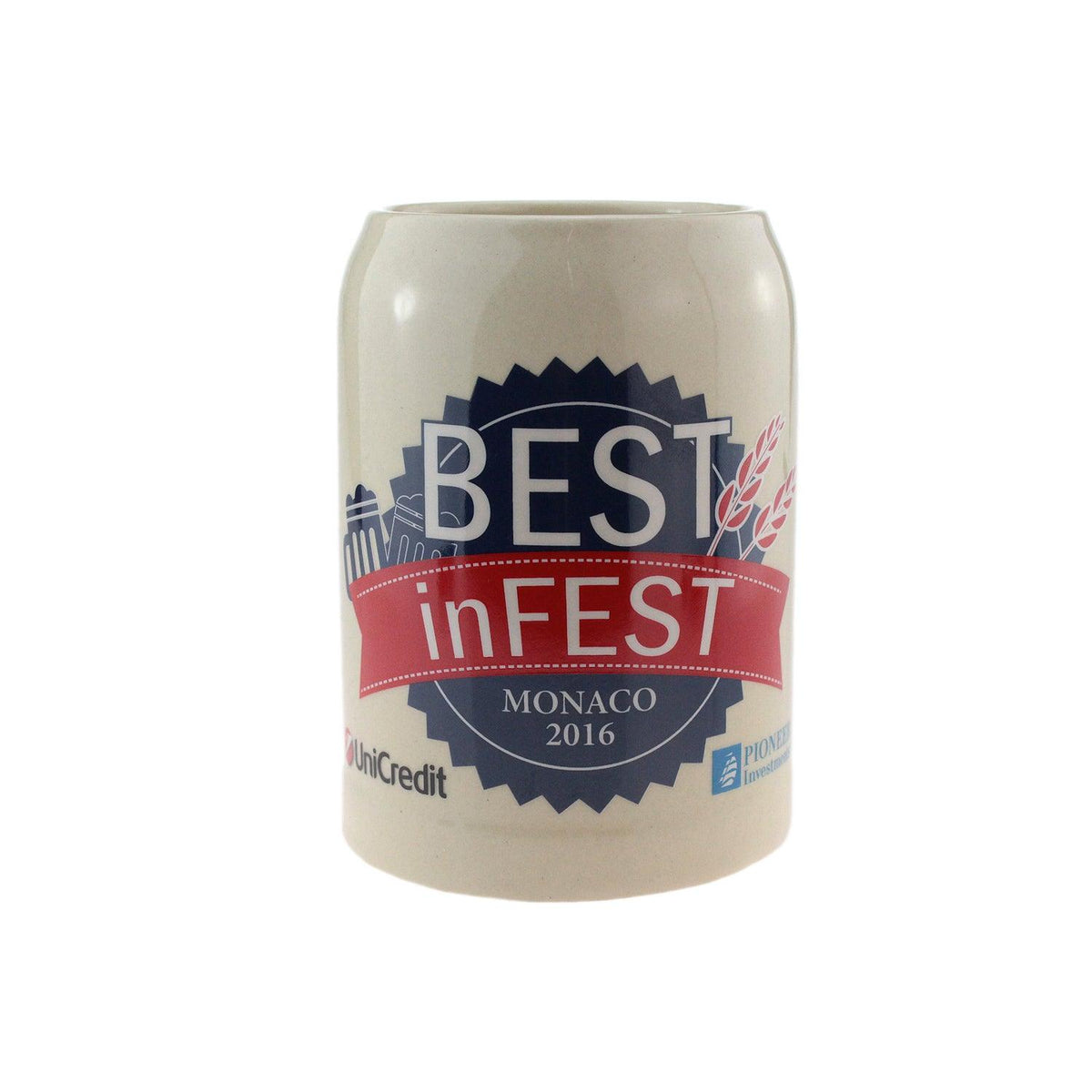 Keramik Bierkrug mit Aufdruck "Best in FEST Monaco 2016" und Unicredit & Pioneer Emblemen, weißer Hintergrund.
