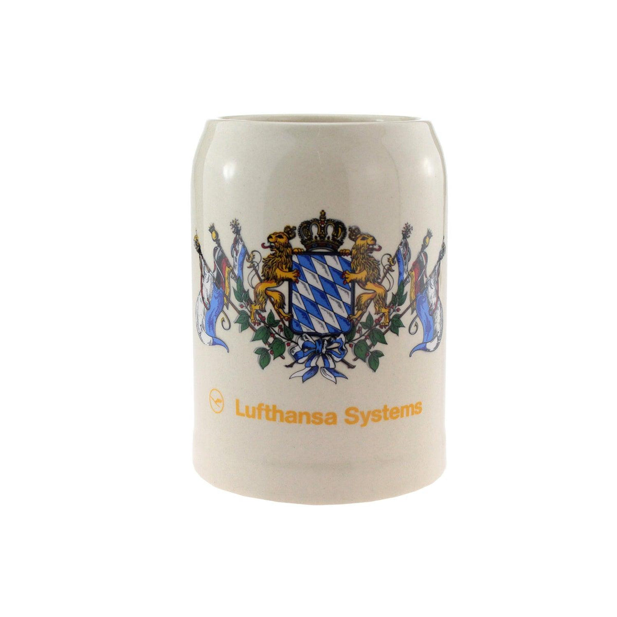 Keramik-Bierkrug mit traditionellem bayerischen Wappen-Design und "Lufthansa Systems" Aufdruck.