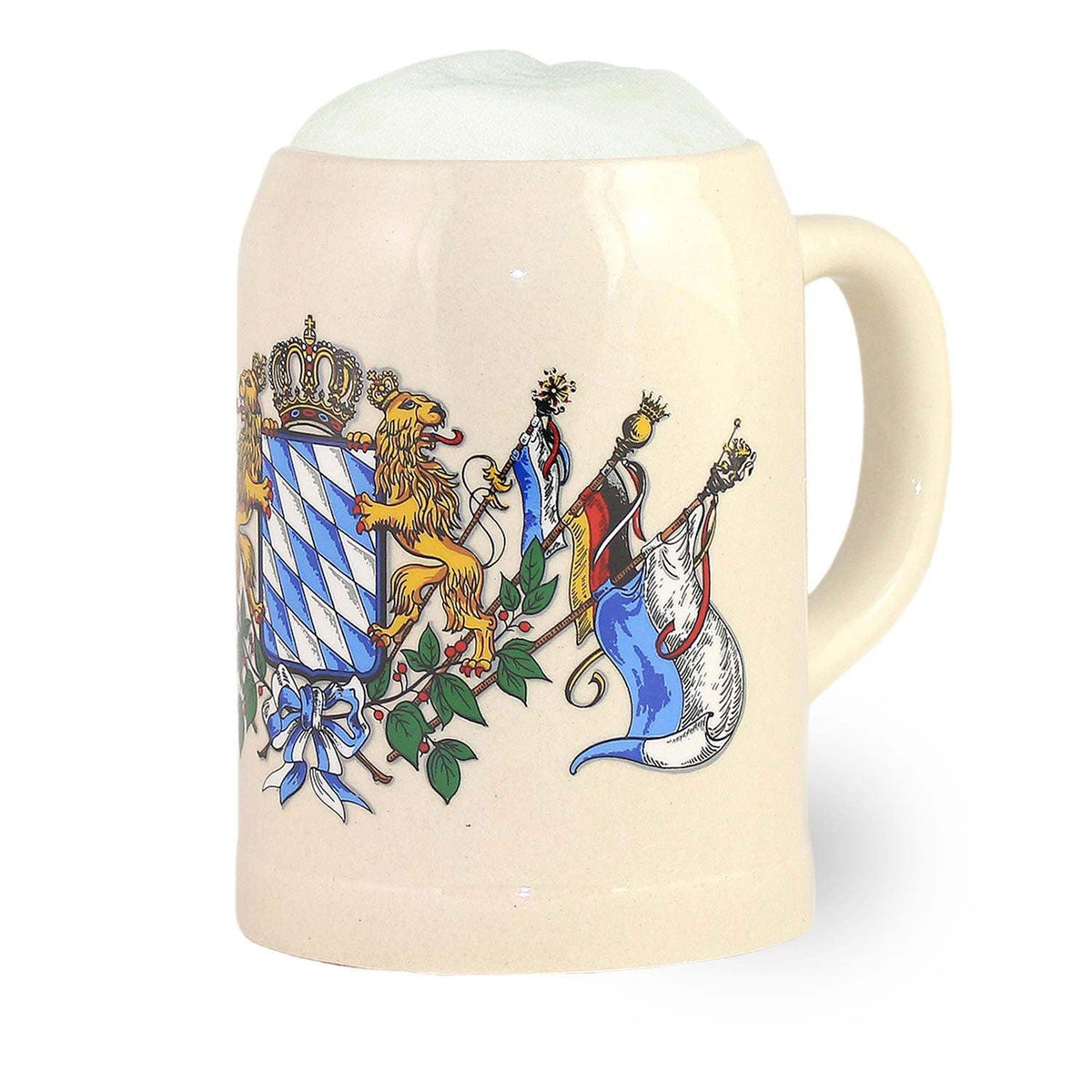 Steinkrug Bayern 0,5 l mit weiß-blauem Bayern-Wappen, Krone, Löwen und Fahnen – Bierkrug aus Steinzeug mit Bierschaum