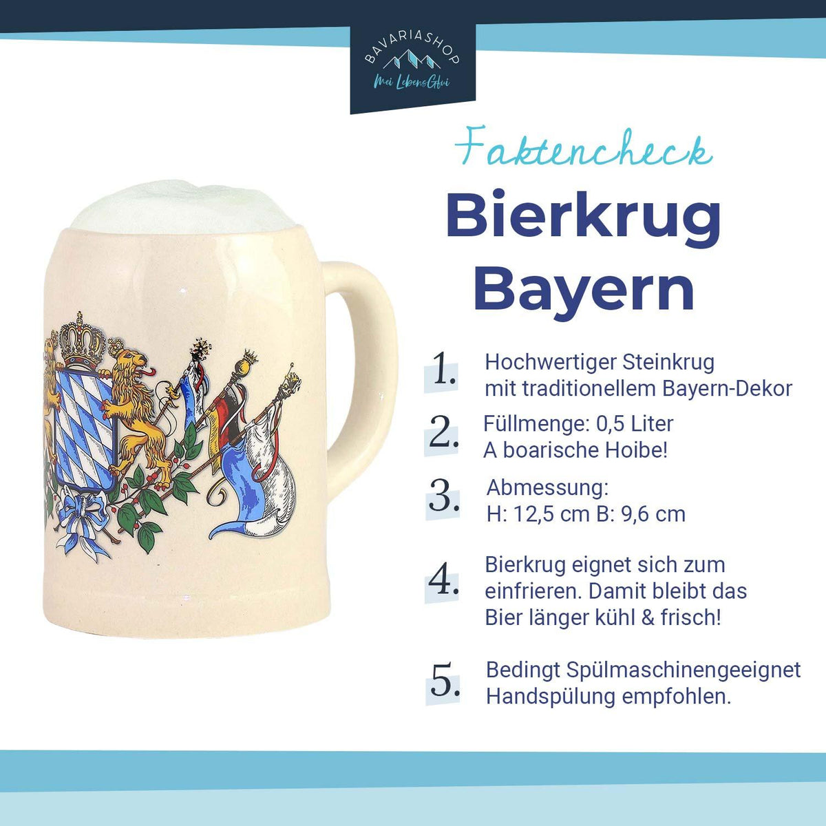 Faktencheck Steinkrug Bayern: Bierkrug 0,5 Liter, Höhe 12,5 cm, Breite 9,6 cm, bedingt spülmaschinengeeignet