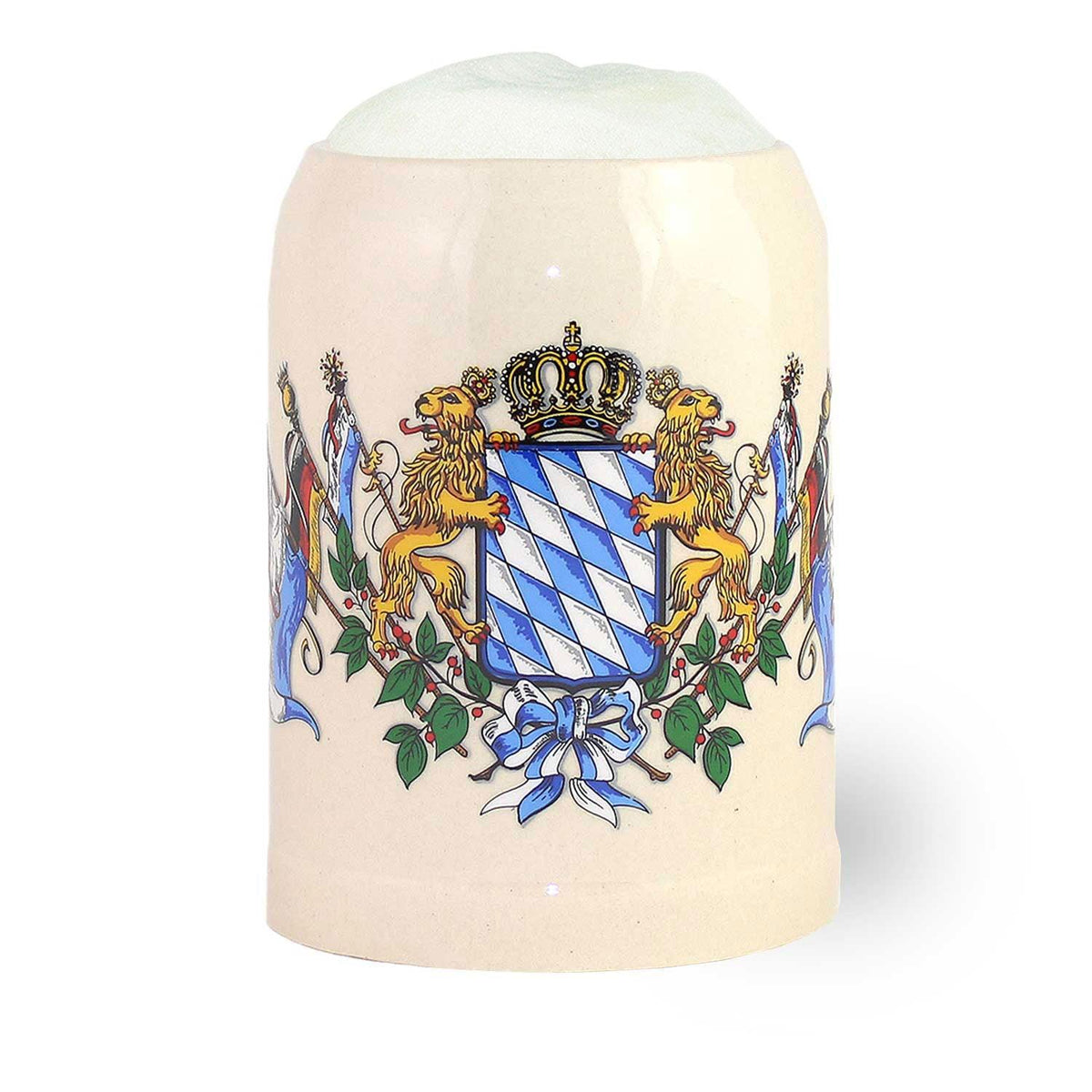 Bier-Steinkrug frontal: bayerisches Rautenwappen mit Krone, zwei goldenen Löwen und blau-weißer Schleife