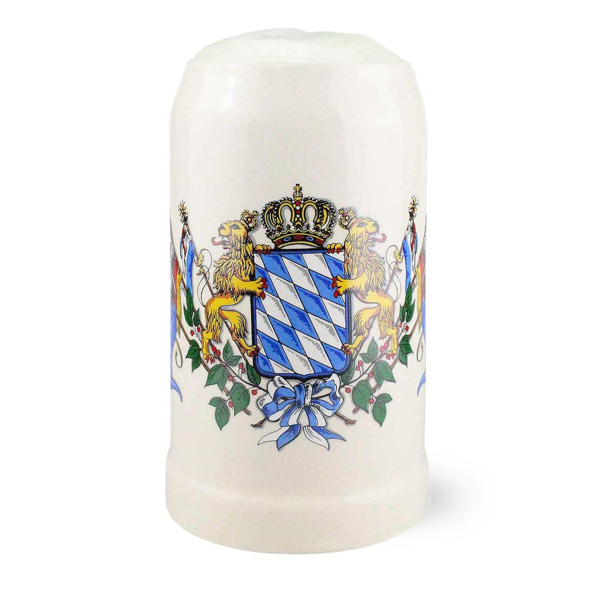 Cremefarbener Steinkrug 1 Liter aus Steinzeug mit Bayern-Wappen und zwei Löwen