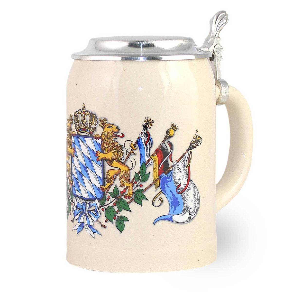 Steinkrug Bayern 0,5 l mit Zinndeckel – Bierkrug aus Steinzeug mit bayerischem Wappen, Löwen und Fahnen