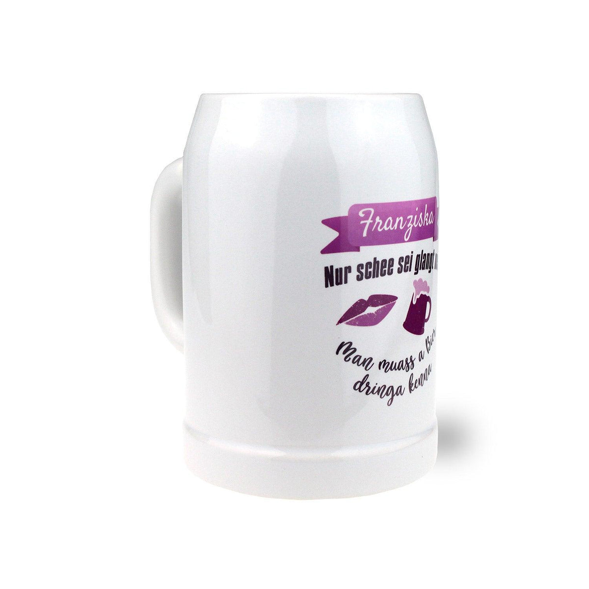 Weißer Keramik-Bierkrug mit lustigem Spruch und Lippenstift-Motiv in Lila, personalisierbar für Frauen.