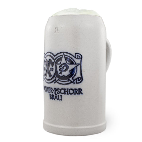 Grauer Steinkrug mit blauem, glasiertem Hacker-Pschorr Bräu Relief-Logo.
