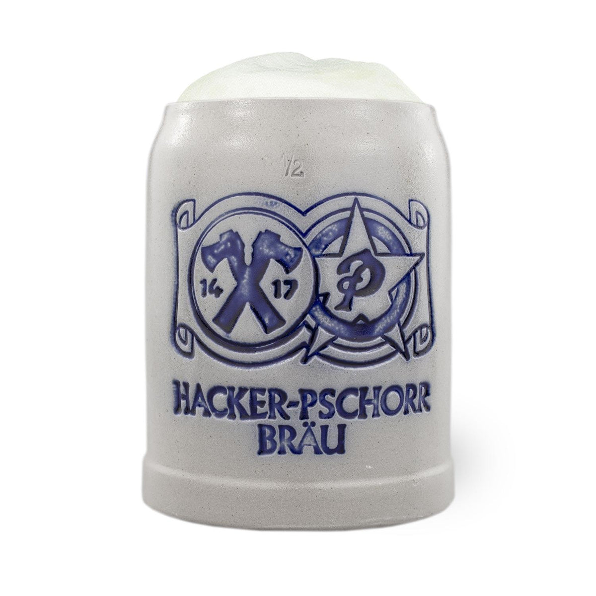 Grauer Keramik-Bierkrug mit blauem Hacker-Pschorr Brau Logo und Schaumkrone, 1/2 Liter Füllanzeige.