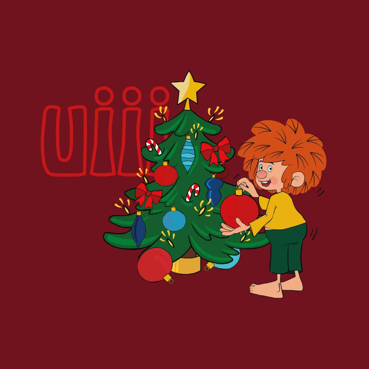 Motiv-Nahaufnahme Pumuckl Kinder T-Shirt: Pumuckl schmückt den Christbaum, roter Schriftzug „uiii“