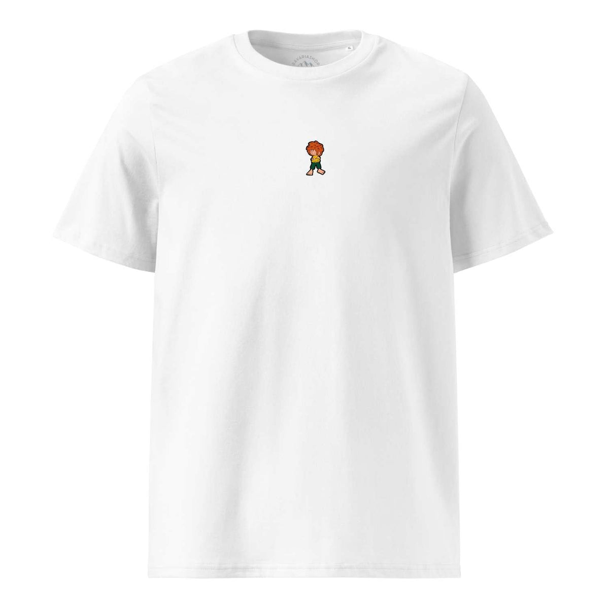 Weißes Pumuckl T-Shirt Herren „Grantla“ freigestellt – gewebtes Pumuckl-Label auf der Brust