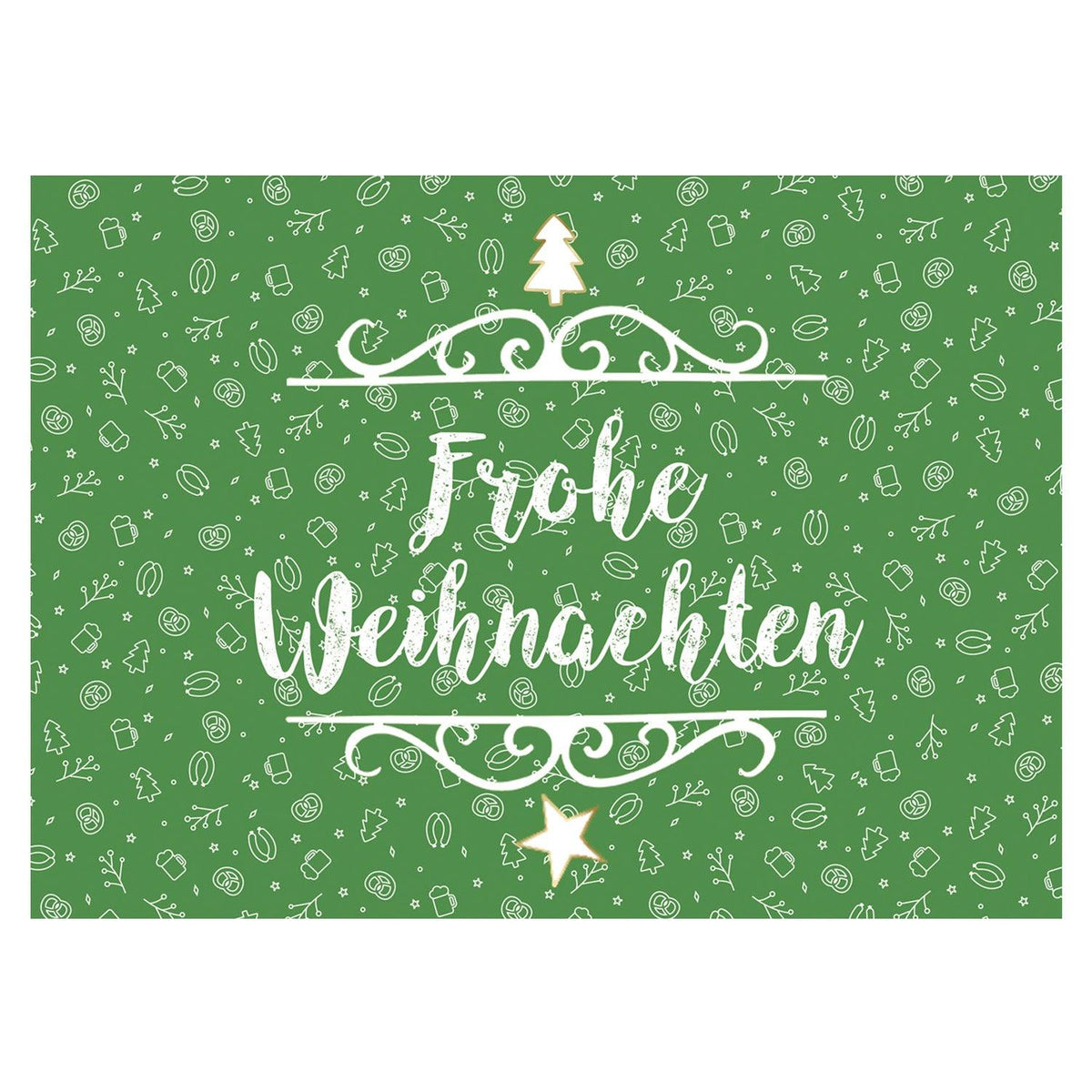 Weihnachts-Grußkarte mit weißem "Frohe Weihnachten" Schriftzug auf grünem Hintergrund, verziert mit bayerischen Motiven.