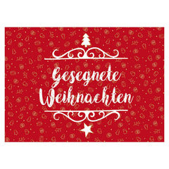 Weihnachts-Grußkarte "Gesegnete Weihnachten" mit weißer Schrift auf rotem Hintergrund und goldenen Motiven.