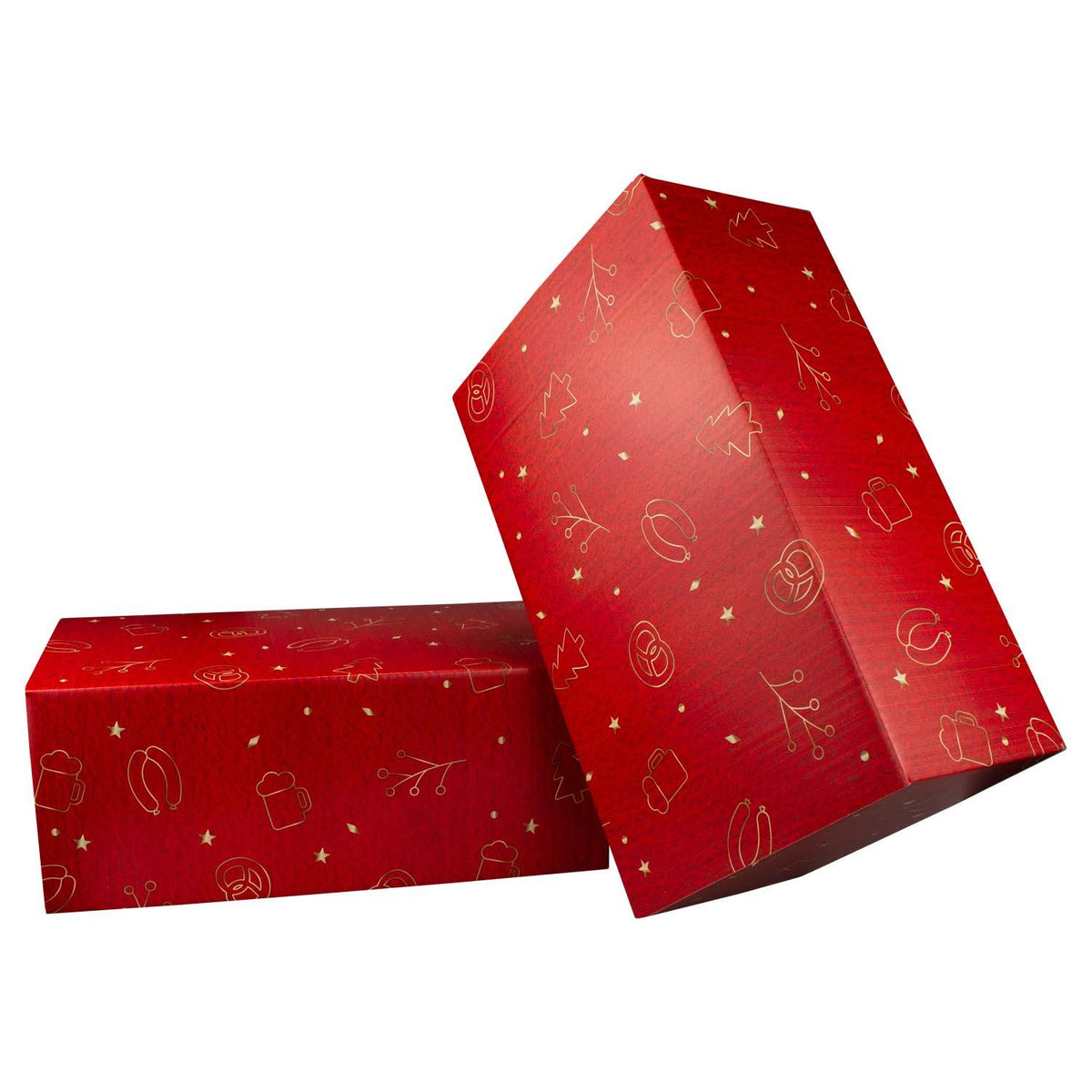 Weihnachtsbox "Tannenbaam" rot mit goldenen Mustern von Lebkuchen, Bierkrügen und Brezeln.