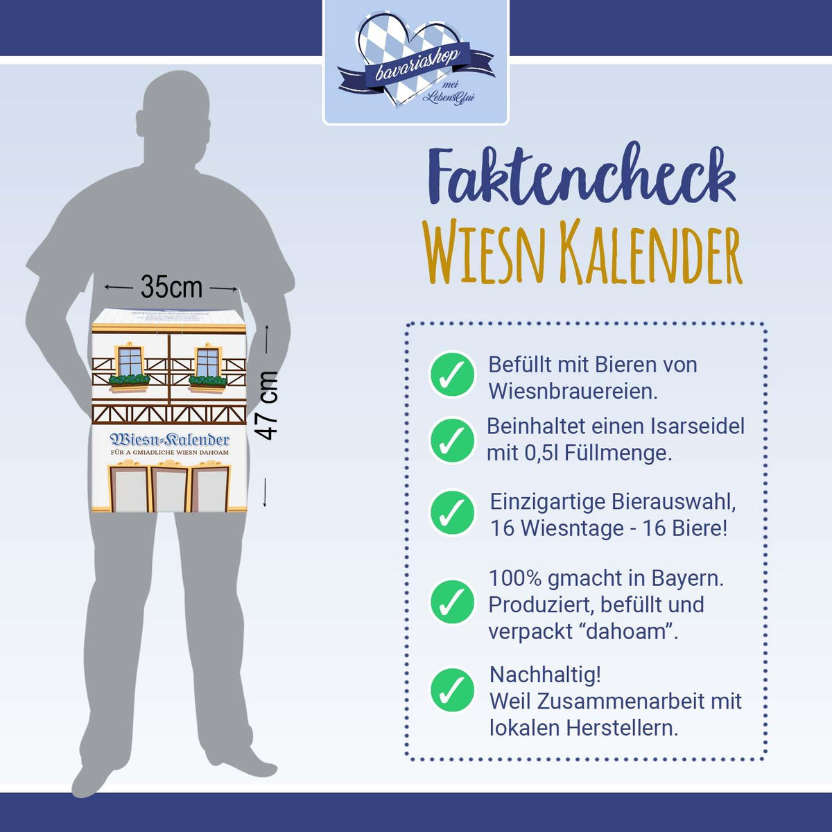 Wiesn Bier-Kalender Abmessungen und wichtige Fakten: 35x47 cm, gefüllt mit 16 Bieren von Wiesnbrauereien und Isarseidel.