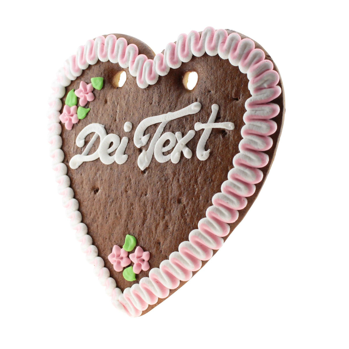 Braunes Lebkuchenherz mit weißer und rosa Zuckergussverzierung, rosa Zuckerblumen und Text "Dei Text".