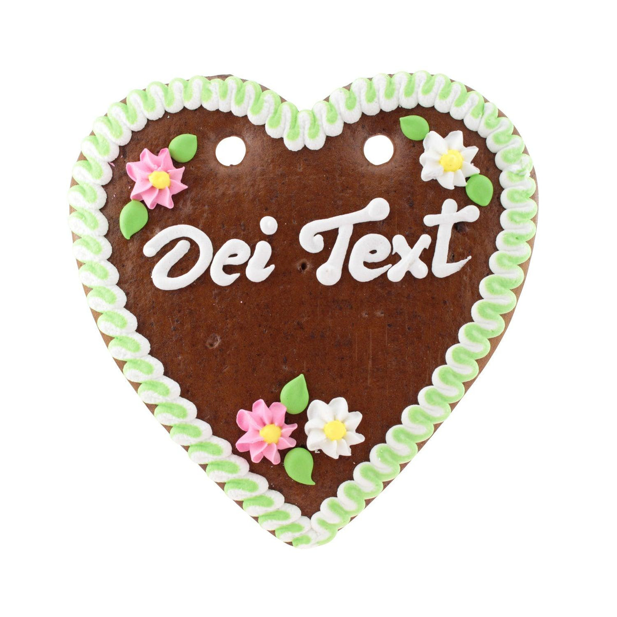 Lebkuchenherz mit weißer Aufschrift "Dei Text", grüner Zuckerrand und bunten rosa und weißen Blüten.
