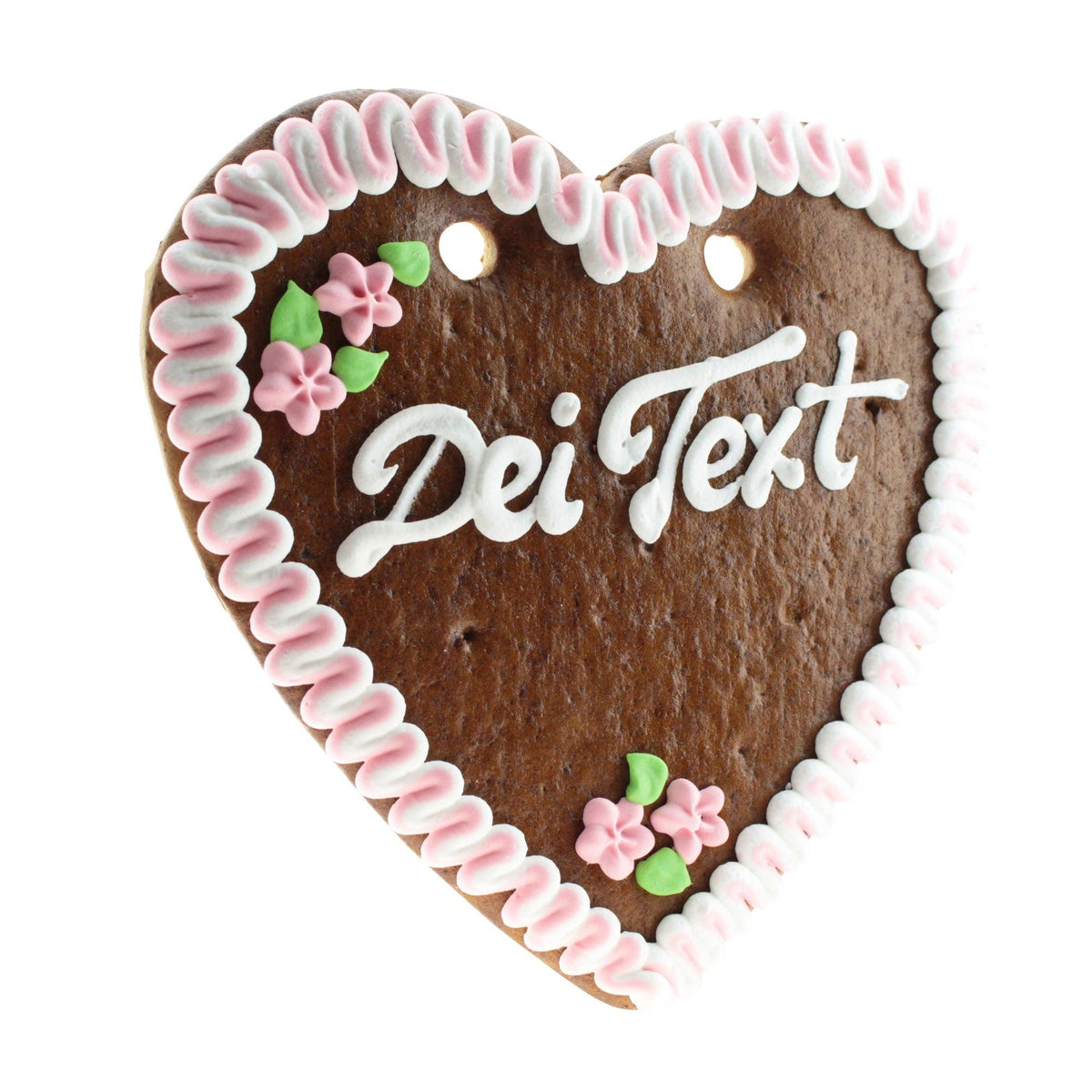 Lebkuchenherz mit weißer und rosa Zuckerguss-Verzierung, grünen Blättern und pinken Blumen, individualisierbarer Schriftzug "Dein Text