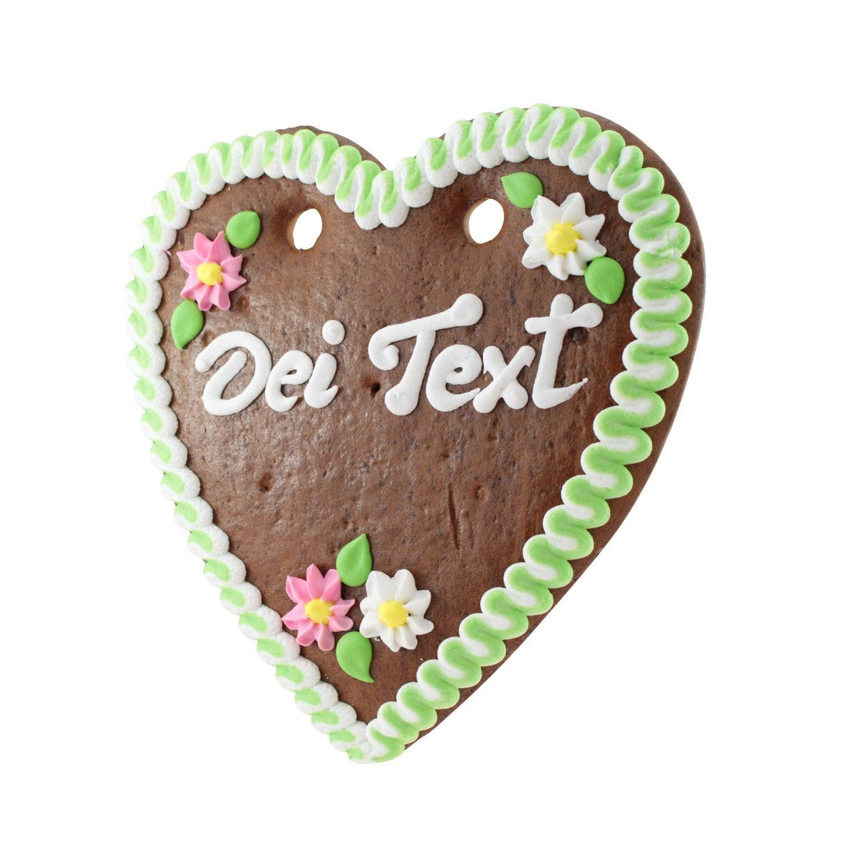 Lebkuchenherz mit grüner und weißer Zuckerguss-Umrandung, bunte Blumenverzierungen, Aufschrift "Dei Text".