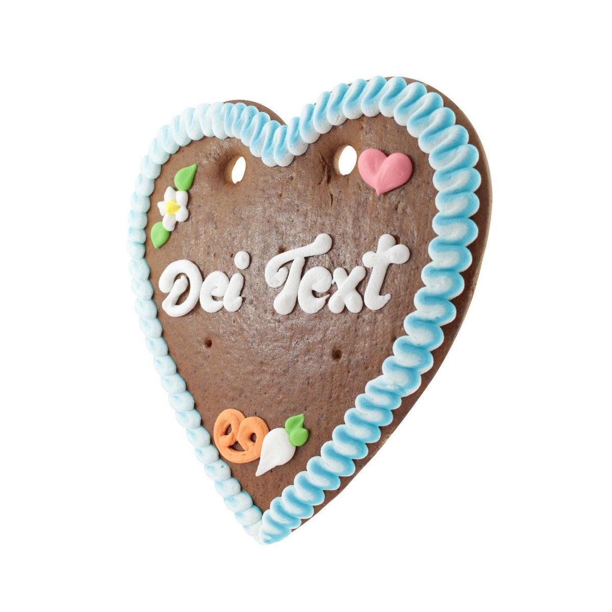 Braunes Lebkuchenherz mit blauem Zucker-Rand, weißem "Dei Text"-Schriftzug und bayerischen Motiven.