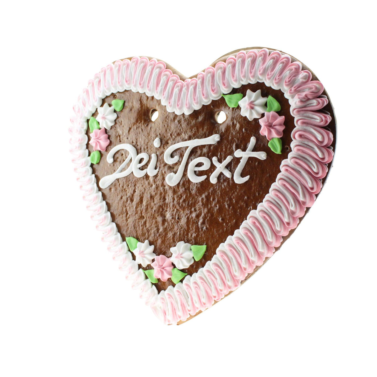 Lebkuchenherz mit individuell gestaltbarer Schrift "Dei Text" und rosa-weißer Zuckergussverzierung.