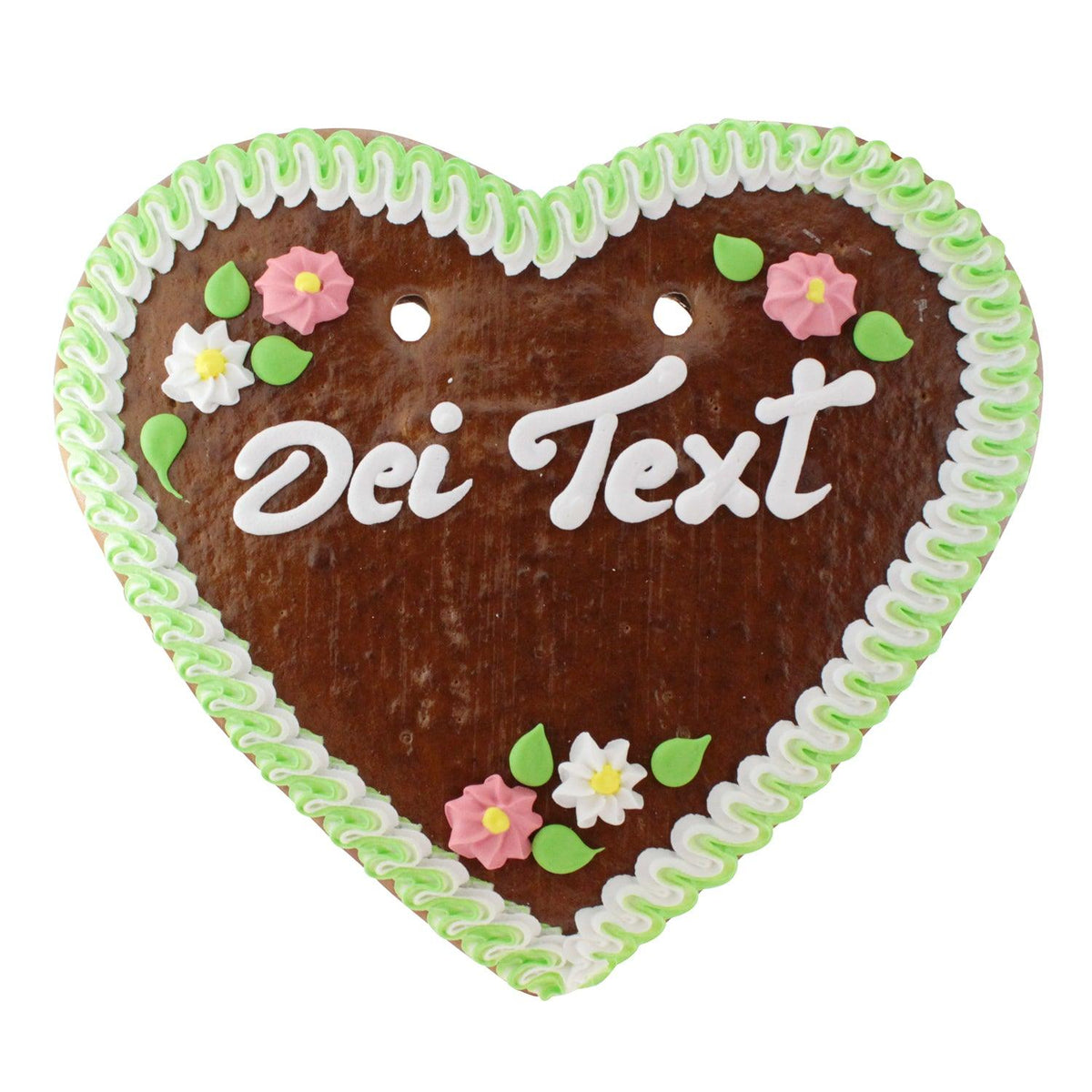 Braunes Lebkuchenherz mit weißer und grüner Zuckerguss-Randverzierung, Blumen und "Dei Text" Schriftzug.