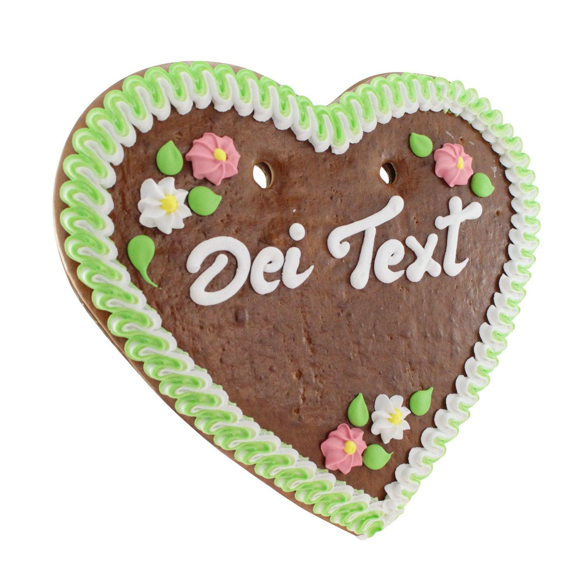 Lebkuchenherz mit individuell anpassbarem Text, grün-weißer Zuckergussverzierung und dekorativen Blüten.