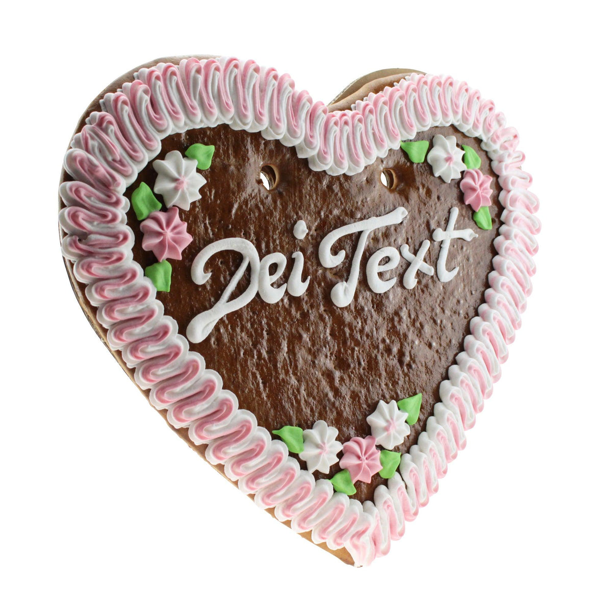 Traditionelles Lebkuchenherz mit rosafarbener und weißer Zuckergussverzierung, kleinen Blüten und der Aufschrift Dei Text