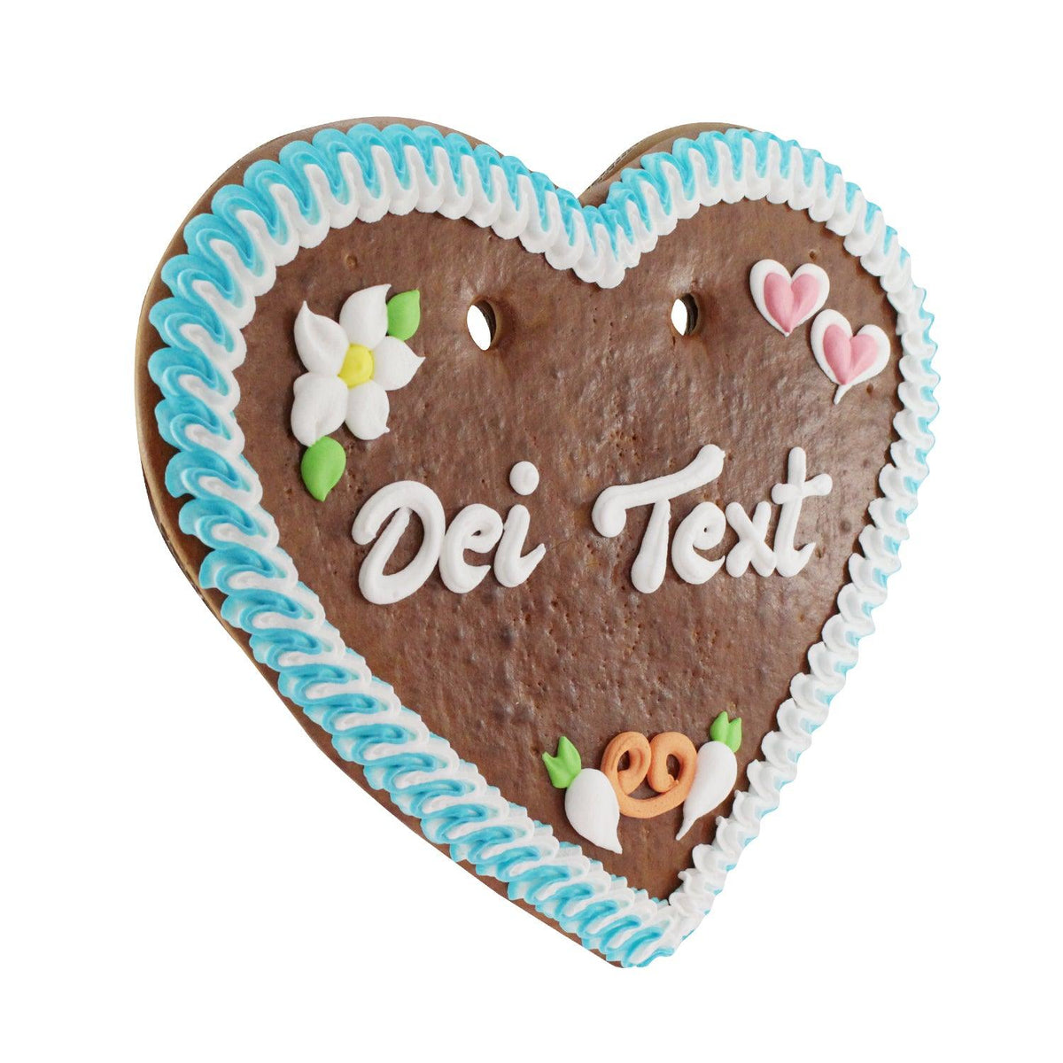 Lebkuchenherz mit blau-weißer Zuckerrandverzierung, Alpenblumen, Brezeln, Radieschen und Platz für Wunschtext. Traditional.