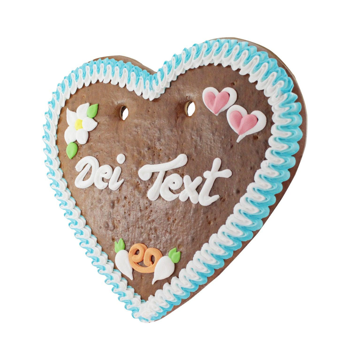 Lebkuchenherz mit blau-weißer Zuckerrandverzierung, personalisierbarer Aufschrift Dei Text und traditionellen Motiven.