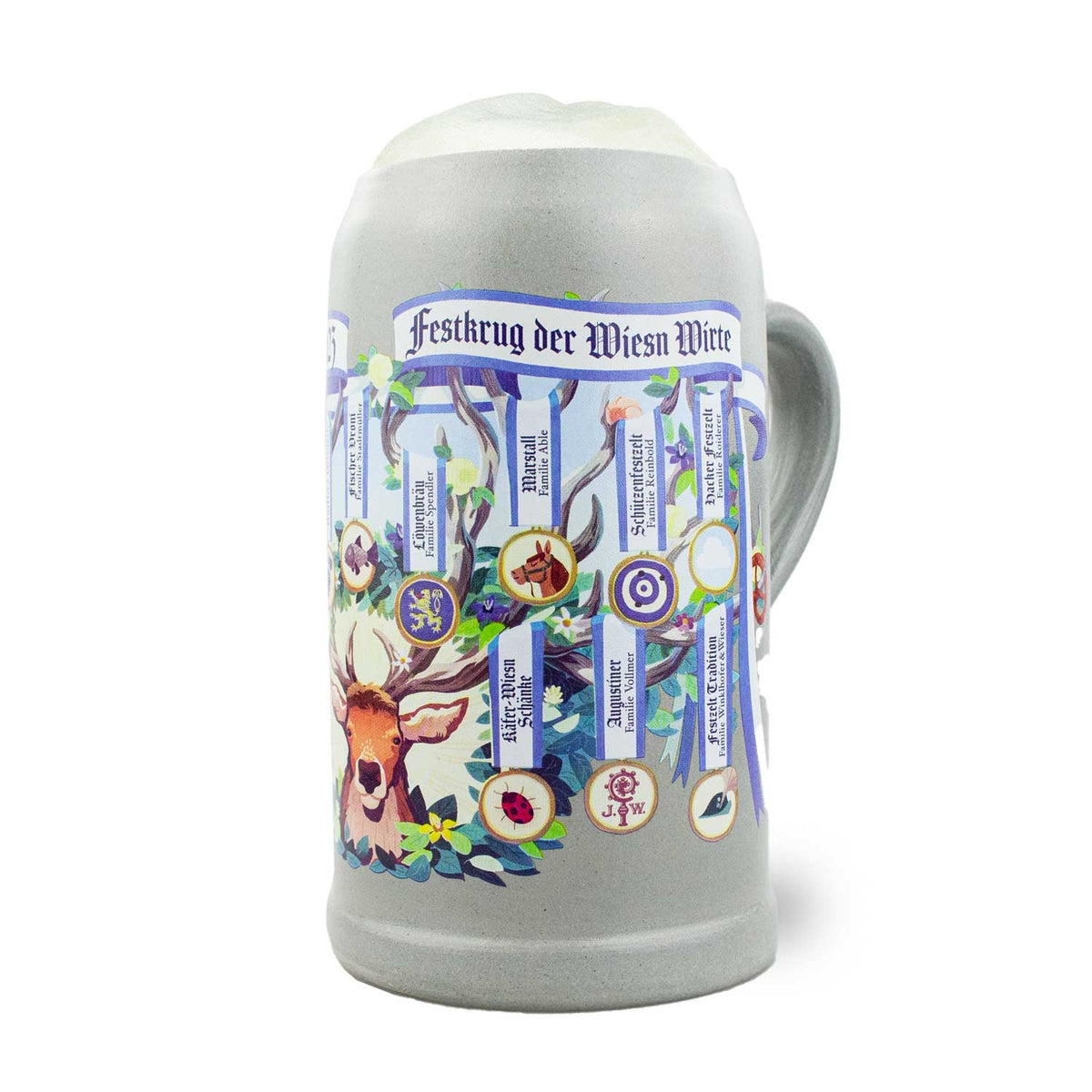 Wiesn Wirtekrug 2023 aus Keramik mit Festzelt-Motiven, Hirsch- und Blumenmuster, Henkel und Schaumkrone.