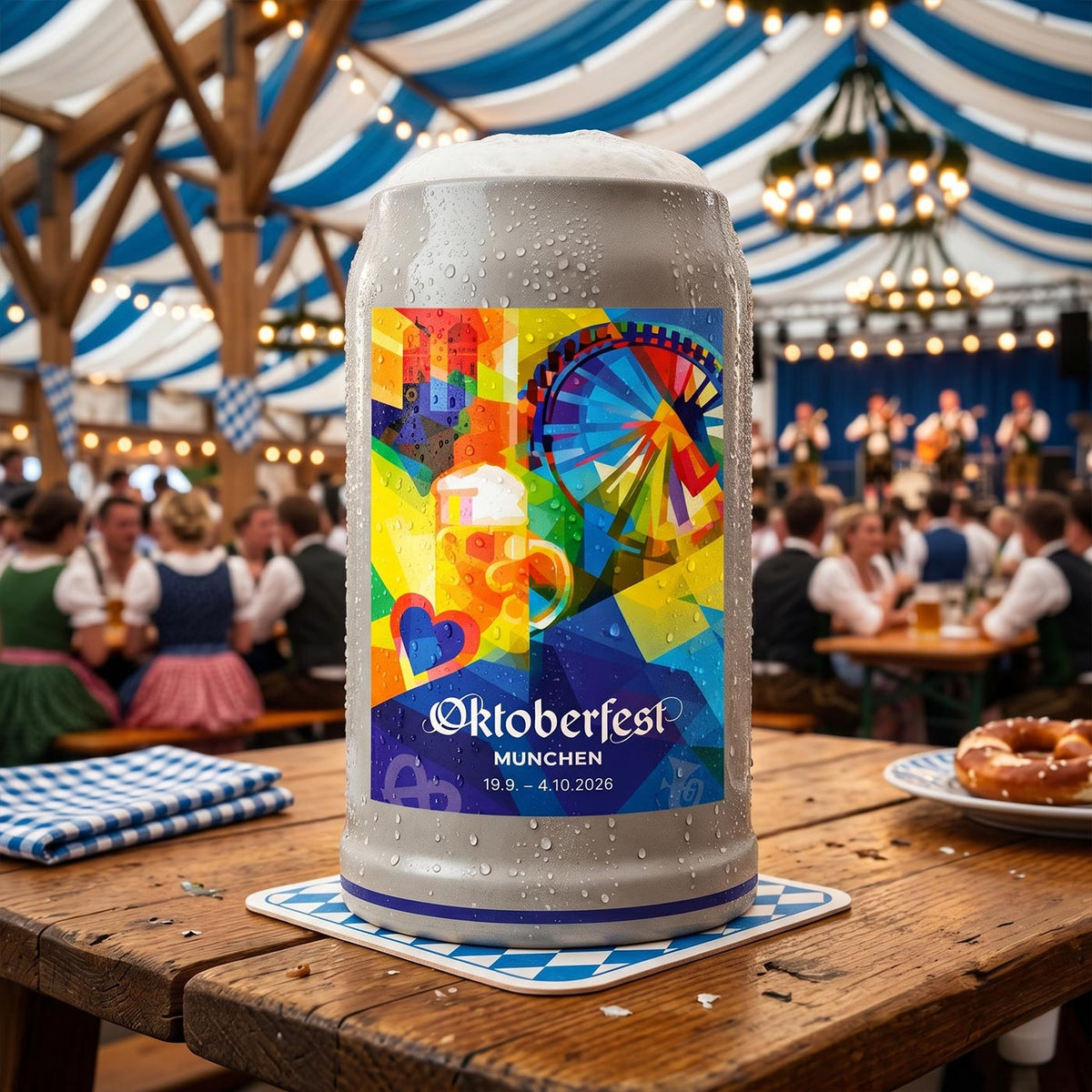 Oktoberfestkrug 2026 mit Plakatmotiv auf einem Holztisch im Festzelt, daneben eine Breze