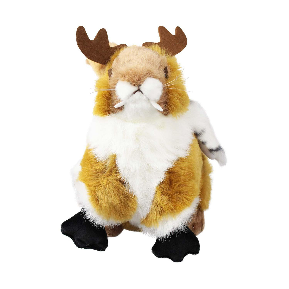 Plüschtier Wolpertinger mit braun-weißem Fell, Hörnern, Flügeln und Hasenzähnen als Kuscheltier
