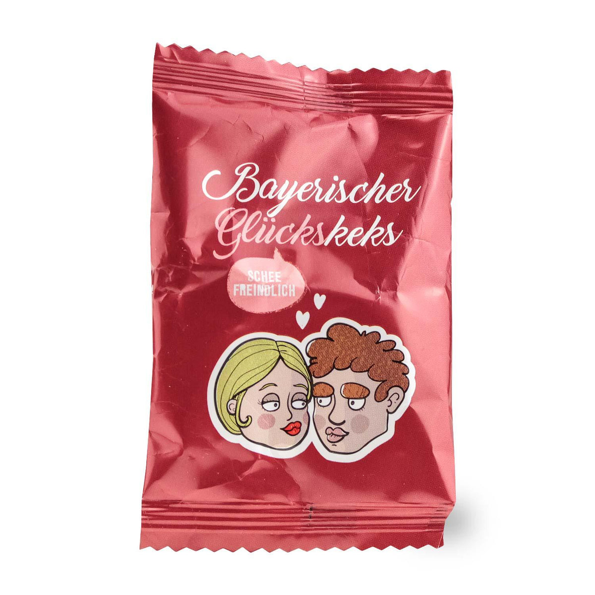 Rote Verpackung Bayerischer Glückskeks mit Comic-Paar Illustration, ideal als Geschenk oder Mitbringsel.