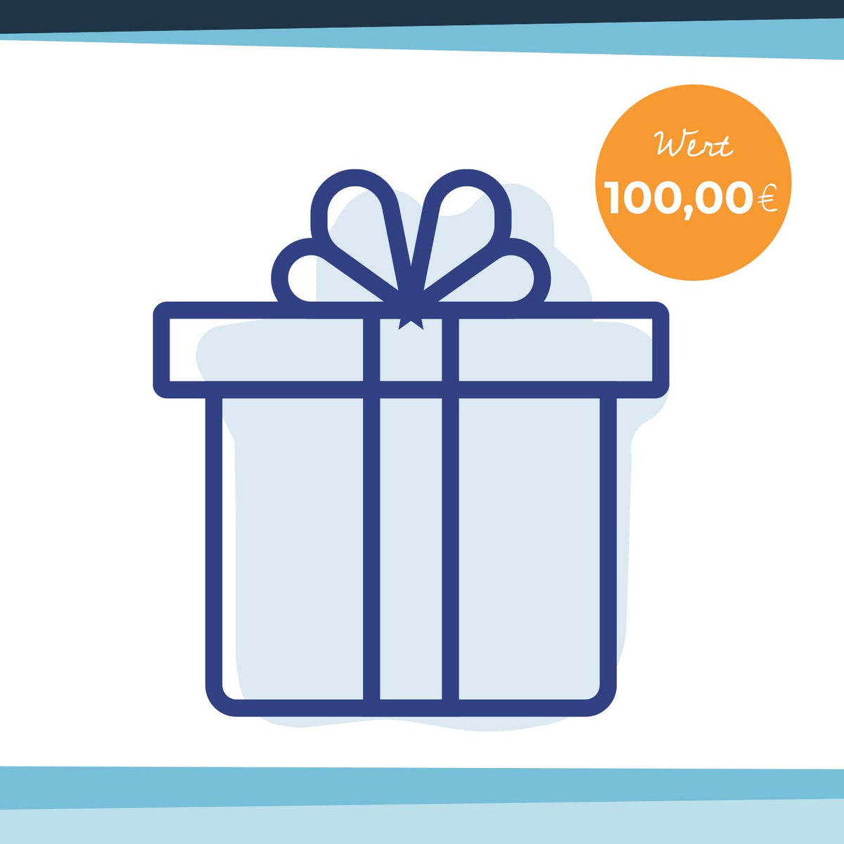 Geschenkgutschein in Form eines stilisierten blauen Pakets mit orangefarbenem €100 Wert-Label.