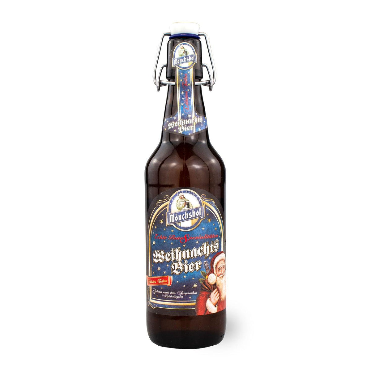 Mönchshof Weihnachtsbier Flasche mit festlichem Etikett und Santa Claus Motiv, Bügelverschluss aus blauem Porzellan.